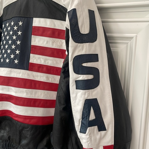 Vintage USA American Flag Black Leather Bomber Jacket Biker Motorcycle size M - Picture 4 of 17